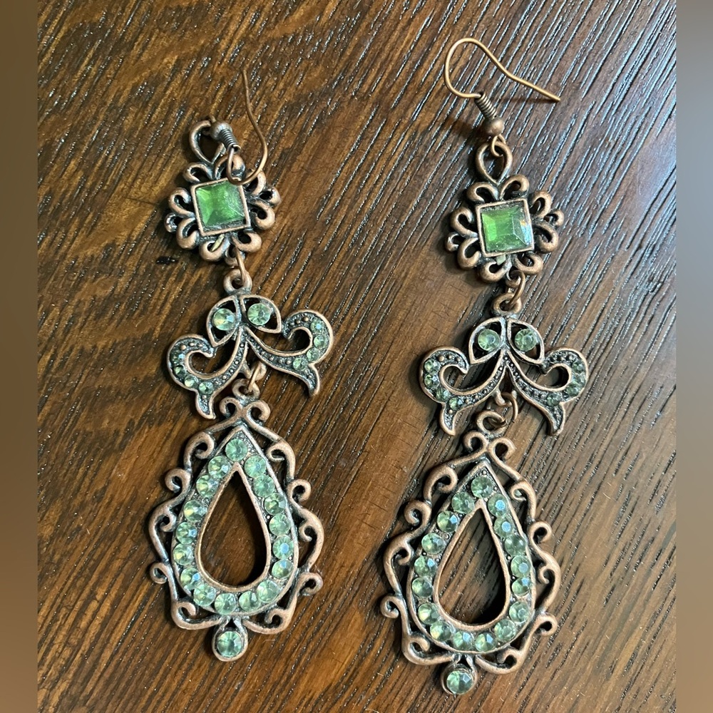 Elegant Princess Jasmine Bronze and Green Peridot Crystal Dangle Earrings